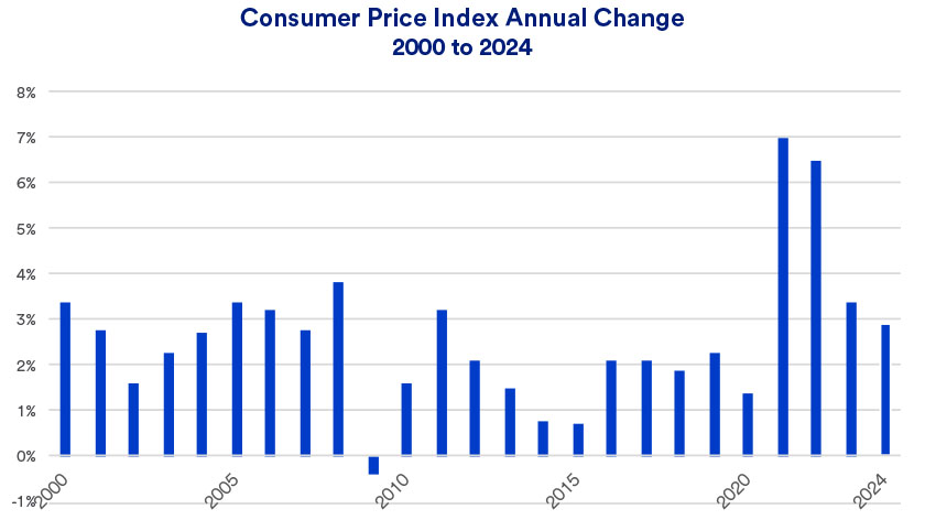 Inflation trends as measured by the Consumer Price Index 2000 - December 2024.