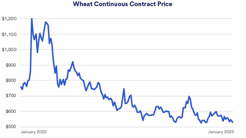 Chart depicts wheat prices on the Chicago Board of Trade between January 2022 - January 3, 2025.