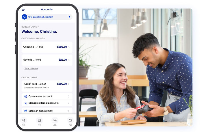 Mobile phone showing an example of our online banking dashboard next to an image of a business owner accepting a mobile payment from a customer on a handheld terminal.
