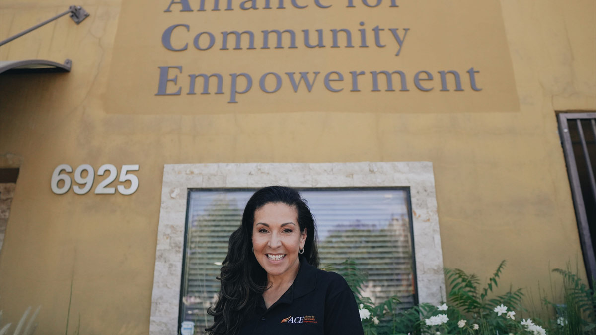 Woman standing in front of a building