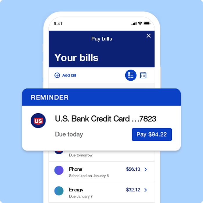 Visual display of bill pay reminder in the mobile app.