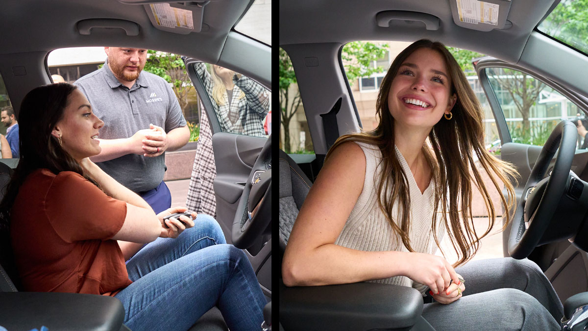 Composite image of two photos of women sitting in the driver's seats of cars. 