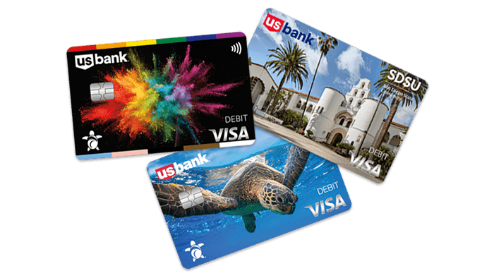 Diseños de las tarjetas de débito de U.S. Bank; temas de Orgullo, ecológicos y universitarios.