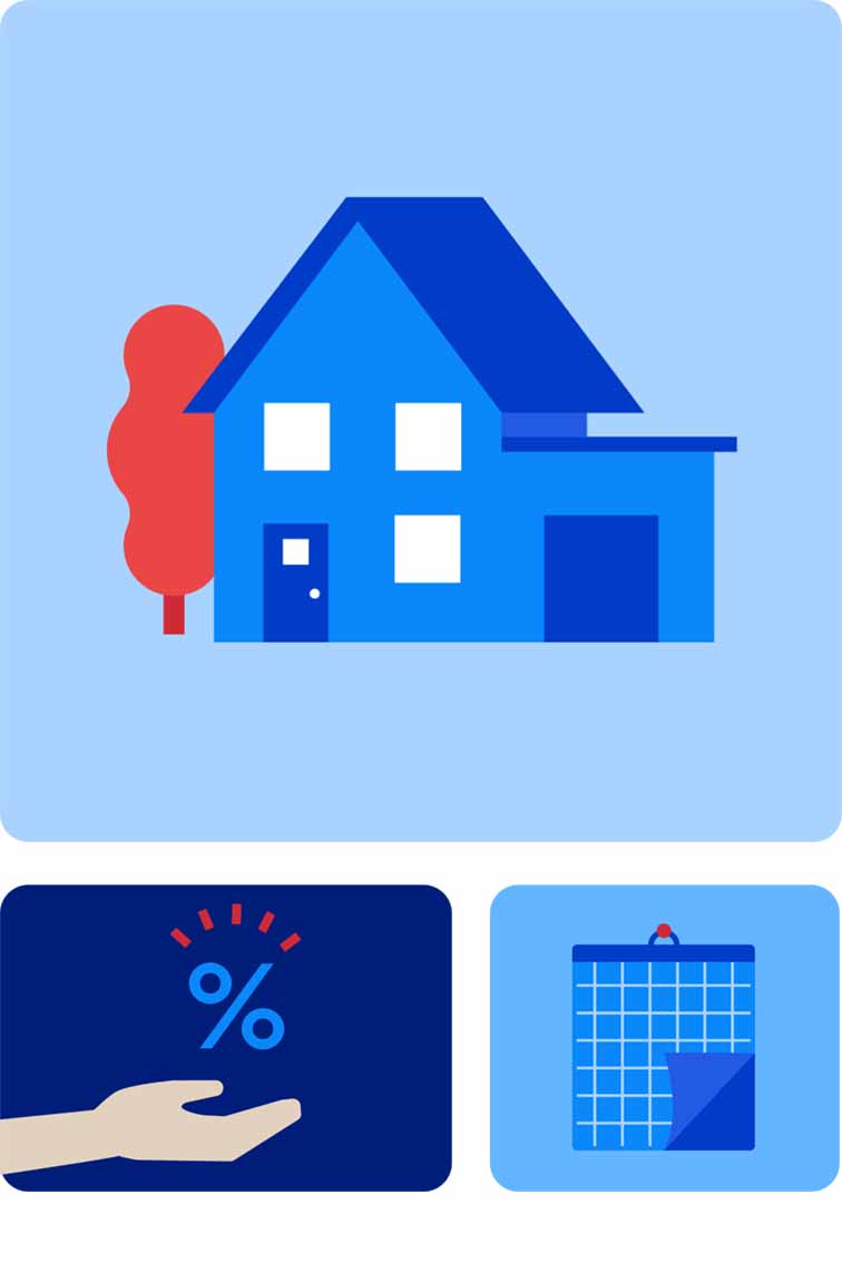 illustrations of a home, percentage sign, and a calendar